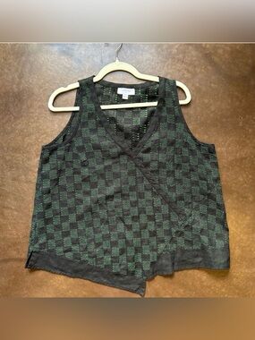 Luukaa- 100% linen asymmetrical blouse-black and green checkered size 10